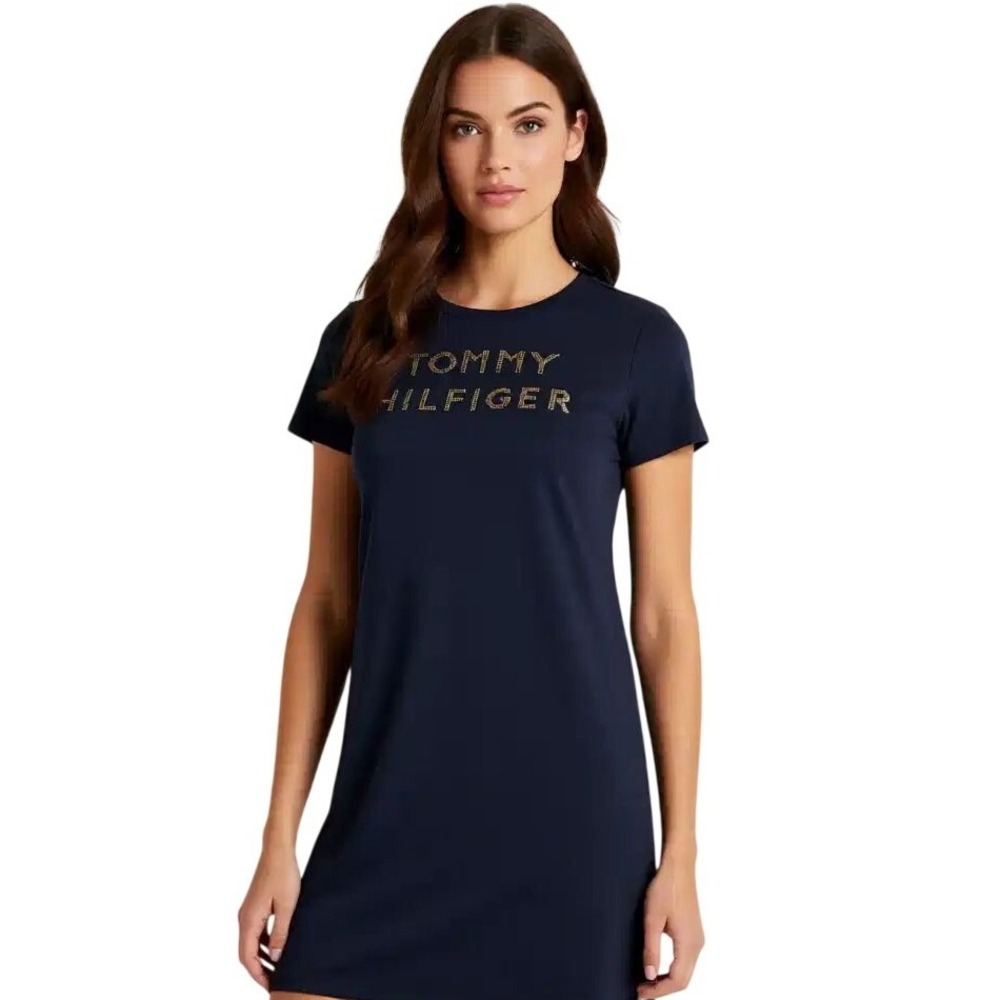 Tommy Hilfiger Womens Navy Blue Studded Logo‎ T-Shirt Mini Dress Size S NWT